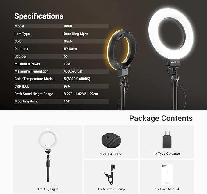 NEEWER Basics 5" LED Desktop Ring Light with Stand, Monitor Clamp, 10W, Compatible with iPhone Desk Computer Laptop Webcam Phone for Selfie Makeup Recording Zoom Video Conference Lighting, Black BR60