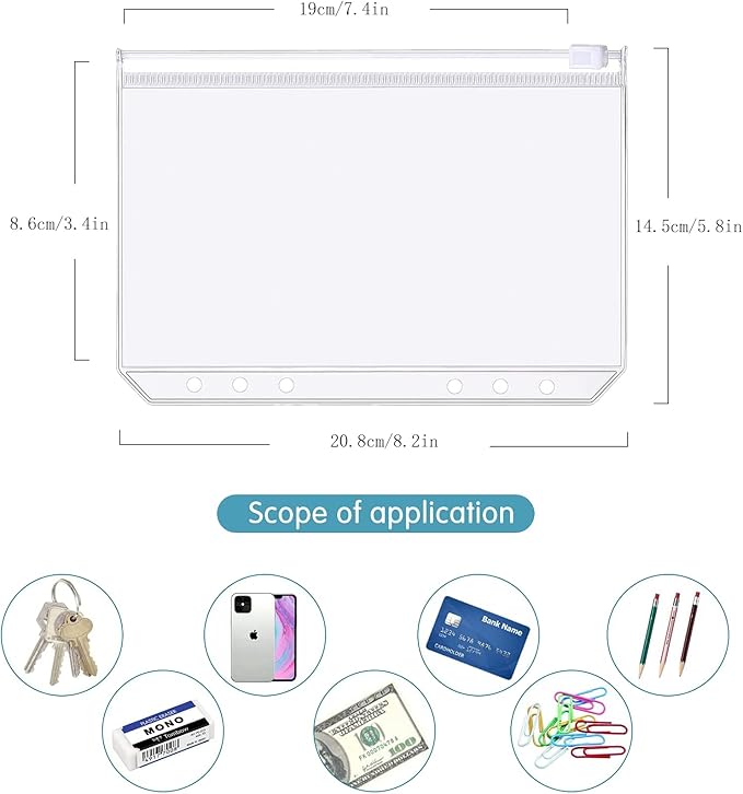 6 Pack A5 6 Holes Binder Zip Pockets Plastic Binder Colored Zipper Folders Waterproof 6 Holes Zipper Loose Leaf Bags Zip Lock Envelope for Documents Notebooks Cards