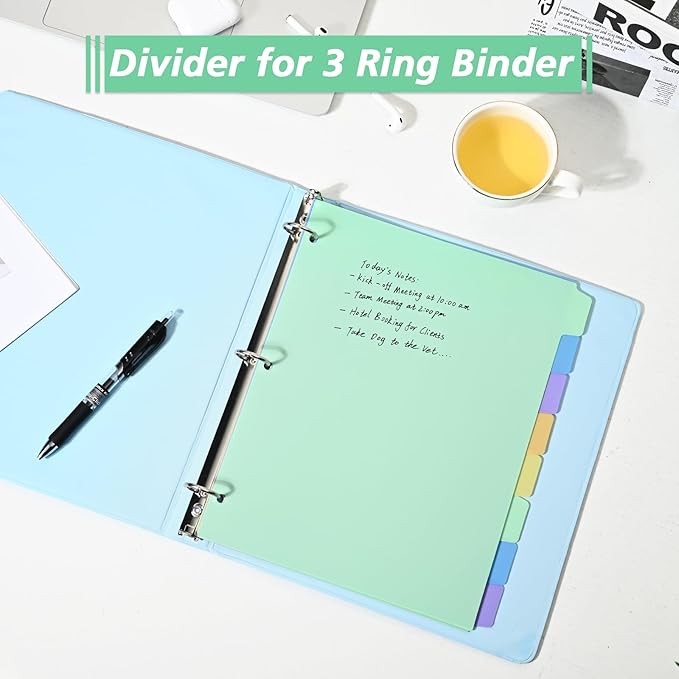 8-Tab Binder-Dividers with Tabs, Write & Erase Divider Tabs for 3 Ring Binders with 3 Holes 8 Pastel Colors, 16pcs, (8 Tabs-2 Pack)