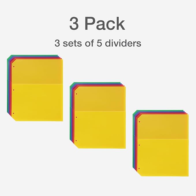 Oxford Poly Binder Dividers, Divider for 3 Ring Binder, Double Pocket, 3 Hole Punch Organizers, Bright Colors, 5 Untabbed Non-Stick Organizers, Durable Plastic, Pack of 3 Index Dividers (59800)