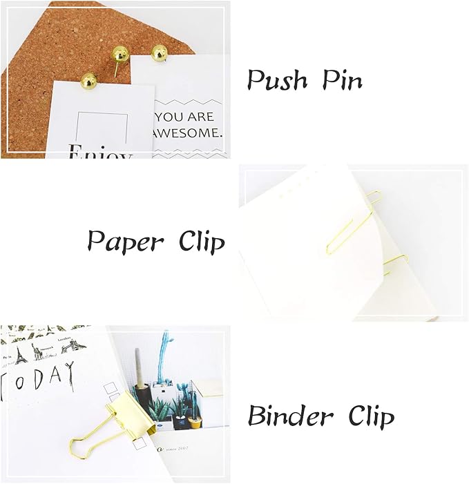 Gold Binder Paper Clips Set,182pcs Large Paper Clips,Binder Clips,Push pins, Office Supplies Clips for Women,Desk Accessory