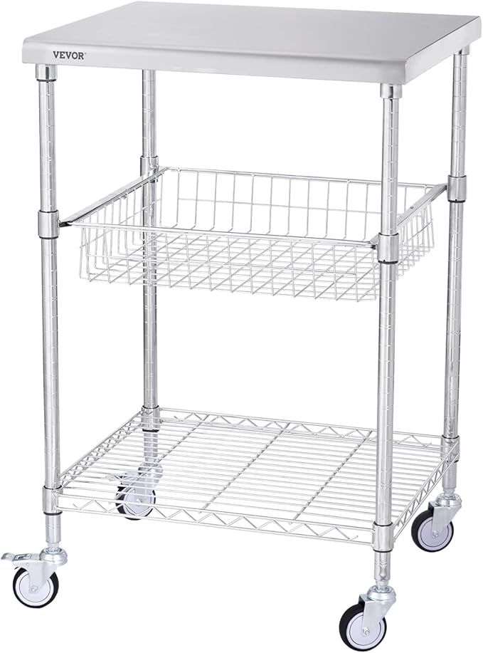 VEVOR Kitchen Utility Cart, 36.6"x20"x24" 3 Tiers Wire Rolling Cart, 470LBS Capacity Steel Service Cart with Brake Wheels, Storage Trolley with 76mm Basket PP Liner 6 Hooks, for Indoor & Outdoor Use