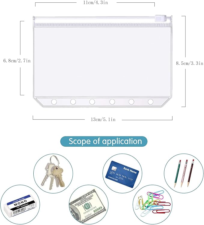6 Pack A7 6 Holes Binder 6 Color Zip Pockets Plastic Binder Zipper Folders Waterproof 6 Holes Zipper Loose Leaf Bags Zip Lock Envelope for Documents Notebooks Cards (6 Color Zip Pocket, A7)
