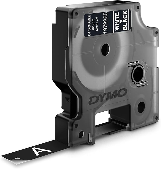 DYMO D1 Durable Labeling Tape for LabelManager Label Makers White Print on Black Tape 1/2" W x 10' L 1 Cartridge (1978365)