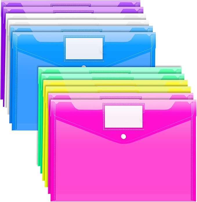 Sooez 12 Pack Folders Plastic Envelopes with Snap Closure, Clear Plastic File Folder for Document, Letter A4 Size Poly File Envelopes with Label Pocket for Home Work Office Organizer, 5 Colors