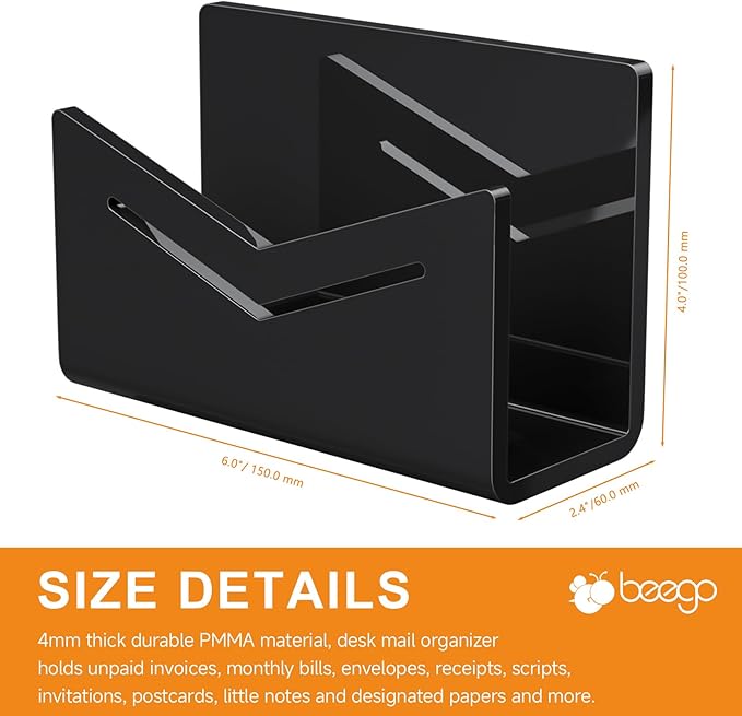Beego Envelope and Mail Organizer Countertop - Black Acrylic Desk Organizer Letter Holder Desktop File Sorter Bill Document Folder Rack for Office, Home, School Desk Organization