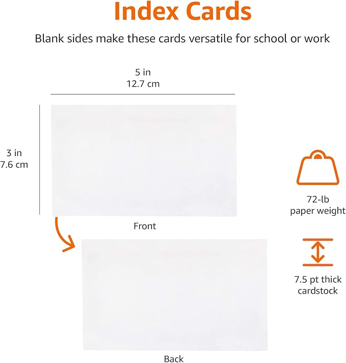 Amazon Basics Blank Index Cards for Studying and Note Taking, White, 3" x 5", 1000 Count (10 Pack of 100), 7.5 pt. Paper Weight
