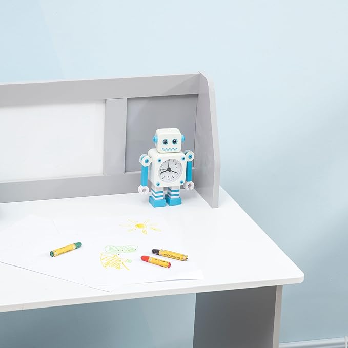 Qaba Toddler Desk and Chair Set, Kids Writing Desk Study Table for Children with Whiteboard, Storage Cabinet, Child Furniture, Art Gifts for Kids, Gray