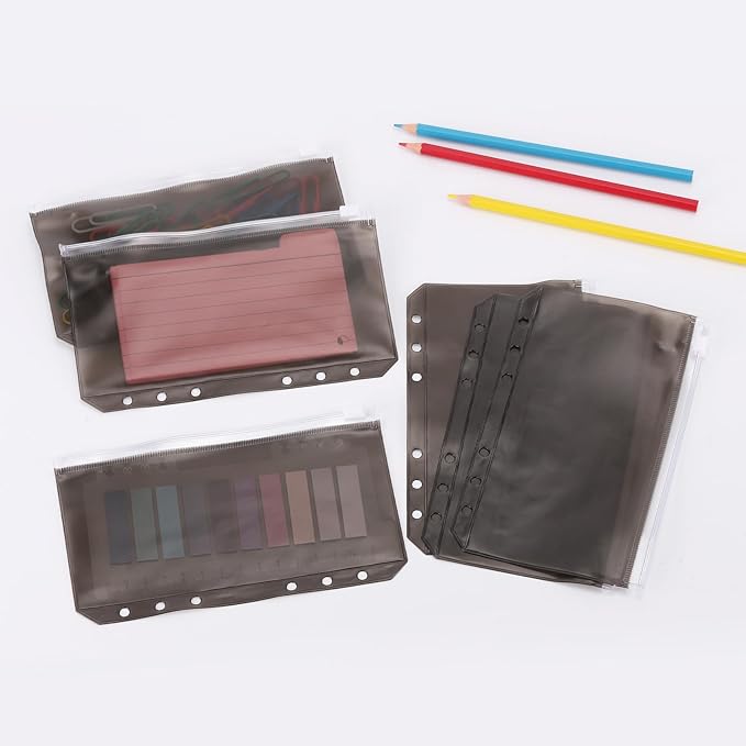 24 Pcs Binder Pocket A6 Size Binder Pockets 6 Holes Budget Cash Envelopes Waterproof PVC Document Pouch Filing Bags(Black)