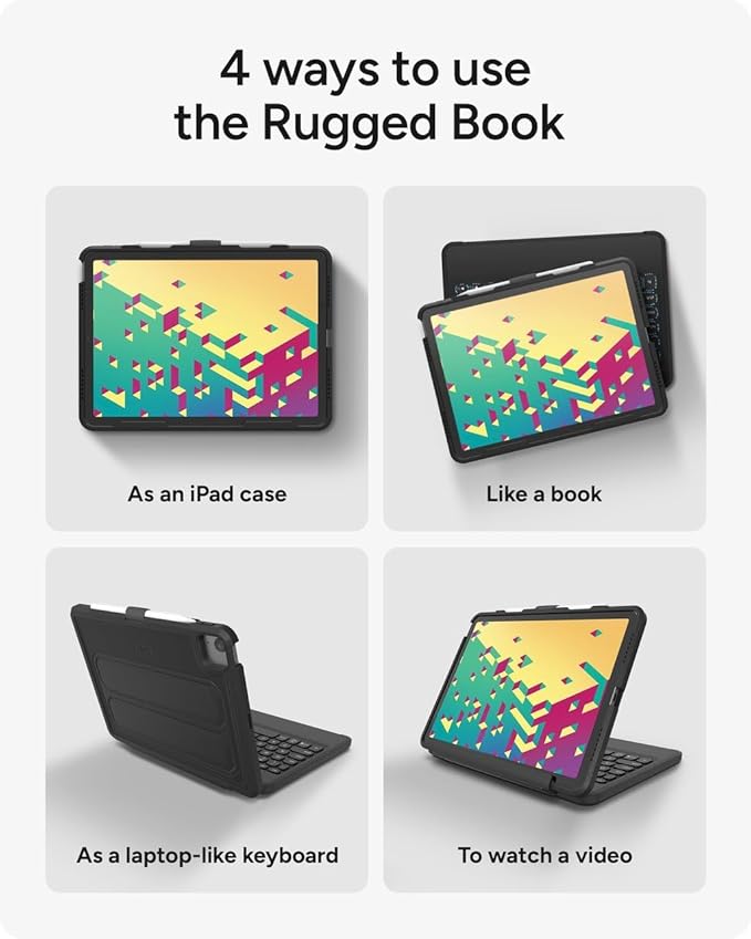 ZAGG Rugged Book Detachable Case and Magnetic-Hinged Keyboard for iPad Air 11" (M5)/ (M4)/ (M3)/ (M2) / iPad 10.9" (air 4th gen)/ 11" (1st & 2nd Gen), Bluetooth Pairing, Backlit Keyboard, Black