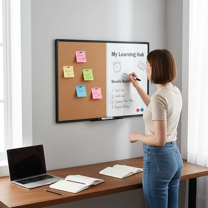 36 x 24 Inch Cork & Dry Erase Combo Board - Magnetic Whiteboard & Bulletin Board Combination - Hanging or Wall-Mounted for Office, Classroom, Home - Black Aluminum Frame