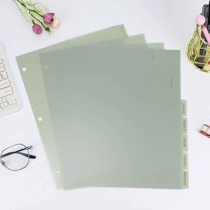 Buqoo 3 Ring Binder Dividers with 8-Tabs, A4 Sage Green 3 Hole Binder Divider, Sturdy Aesthetic Plastic Index Page Binder Dividers for Student Notebook Journal Planner/School Office (8.4"×10.9")