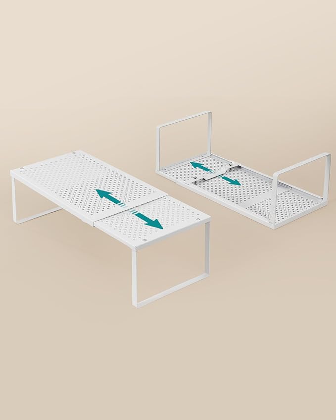 SONGMICS Spice Racks, Set of 3 Expandable Kitchen Countertop Shelves, Small Cupboard Organizers, Metal, Space-Saving Tabletop Shelves, Matte White UKCS403WC01