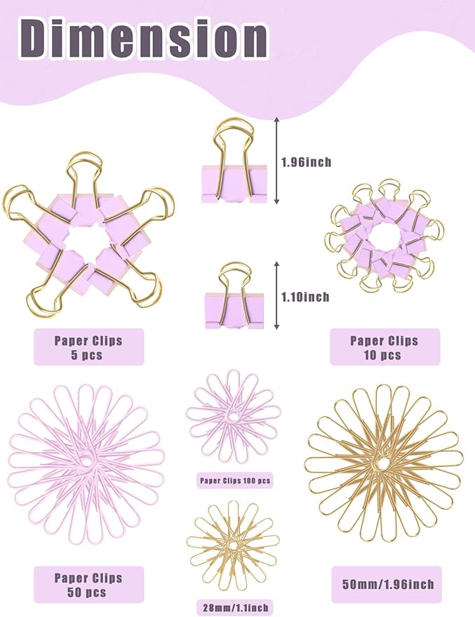 LIONSOUL Paper Clips Binder Clips Assorted Size, 165 Pcs, Cute Paperclips for Document Organizing, Colored Binder Clips Paper Clips Set for Office, School, Home Supplies(Purple)