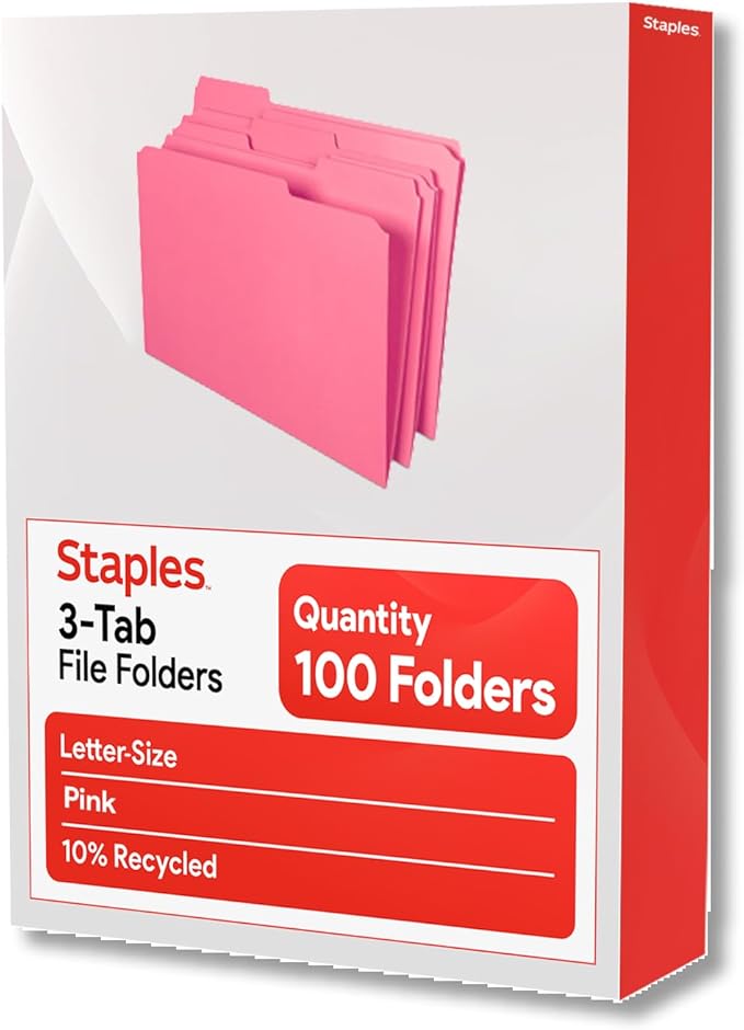 Staples Reinforced Colored File Folders, Letter Size, 3‑Tab Design, Pink, Heavy‑Duty Paper Stock, 100/Pack