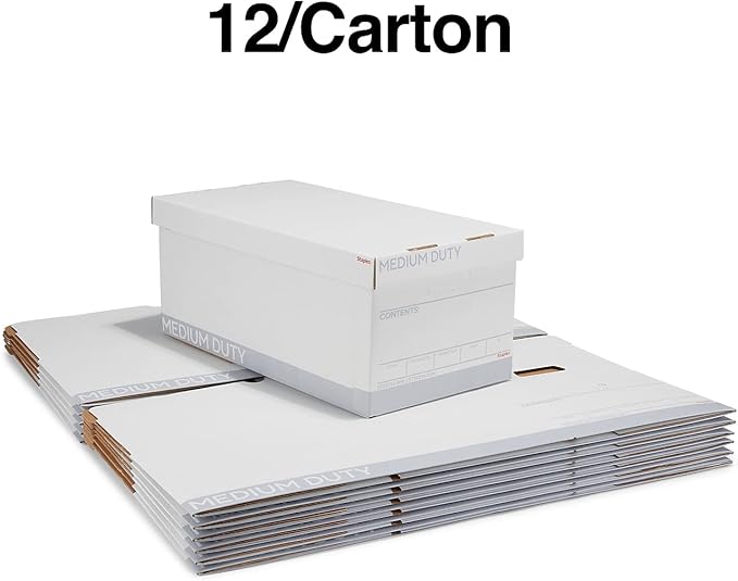 STAPLES Storage & Filing Box, Medium-Duty with Handles & Removeable Lid, Letter Size Documents, Stackable, 12-Pack, White/Gray