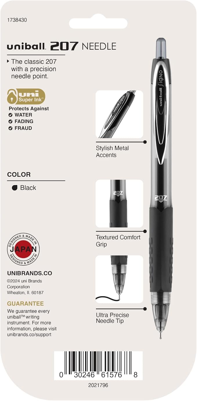 uniball 207 Needle Retractable Gel Pens, Medium Point (0.7mm), Black, 4 Pack