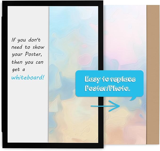 Black Frame Enclosed Whiteboard with Wooden Frame, Approx.16x11in Poster Frame and Functional Whiteboard for Office, Home(Poster Not Included)