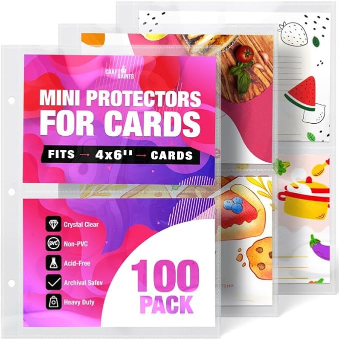 200 Pockets Mini Sheet Protectors fit 4x6'' Cards (Pack of 100) for 8.5x9.5’’ Mini Binders, Half Binders, Recipe Book Page Refill Sheets, 2 Pocket Index Card Protectors, Crystal Clear Covers
