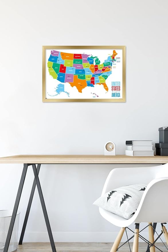 Trends International Map - United States Of America 2022 Wall Poster, 14.725" x 22.375", Gold Framed Version