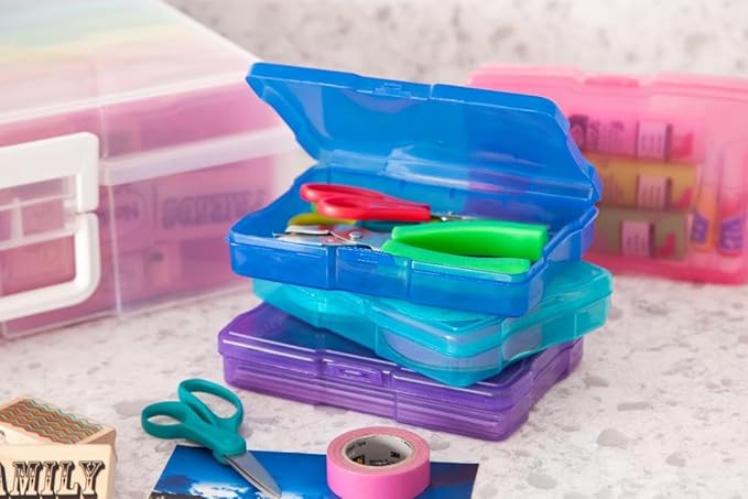 IRIS USA 4" x 6" Photo Storage Box Craft Keeper, 2-Pack, Transparent Handle Container with 16 Organization Holder Cases for Pictures, Tasks, Ephemera, Scrapbooking, Stationery, Multi-Color/Clear