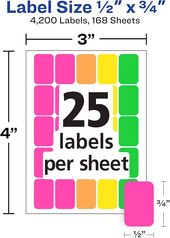 Avery Color-Coding Removable Labels, 1/2" x 3/4", Assorted Neon Colors, Non-Printable, 8 Packs, 4,200 Blank Labels Total (21928)
