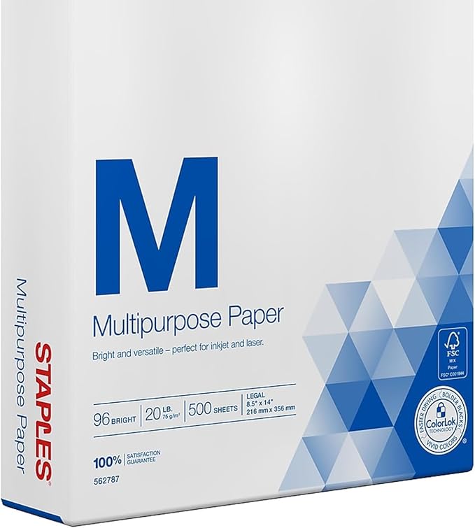Staples Multipurpose Laser Inkjet Copy Paper, 8 1/2 Inch x 14 Legal Size, 20 lb., 96 Bright White, ColorLok, Ream