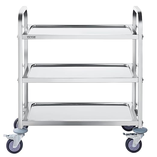 VEVOR Stainless Steel Cart, 3 Layers Lab Utility Cart 400 lbs Weight Capacity, Medical Cart with Lockable Universal Wheels, for Lab, Clinic, Kitchen, Salon