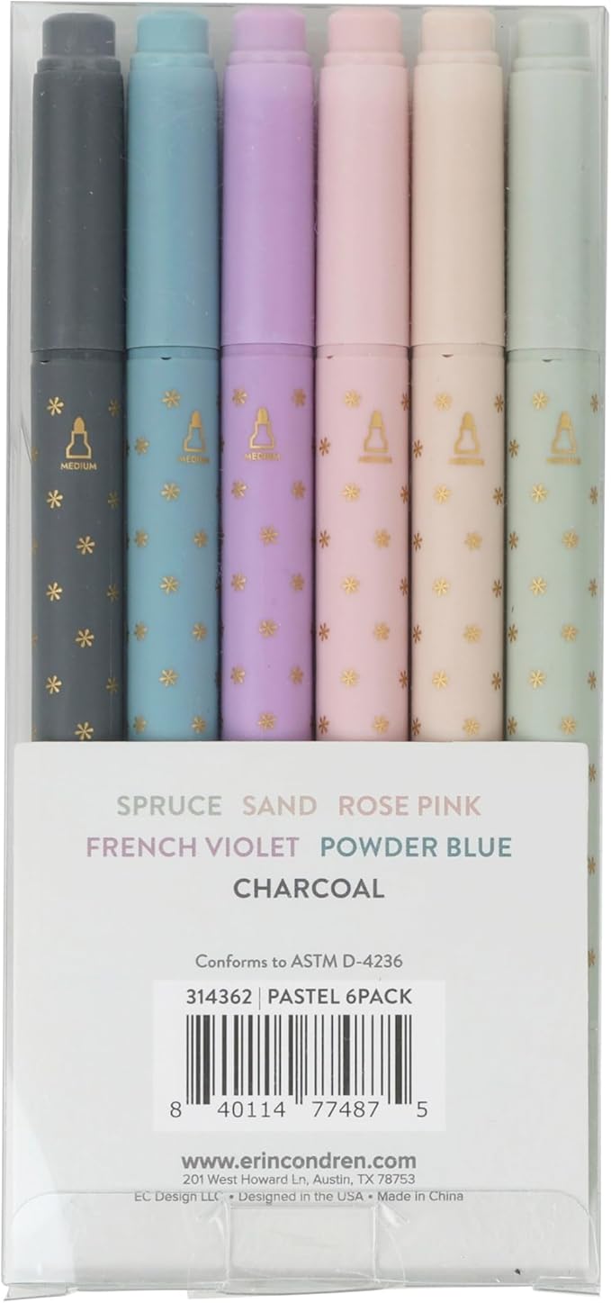 Erin Condren Dual Tip Markers, Colorful and Versatile Marker Set for Journals, Planners, and Note-Taking, Includes Fine Tip and Medium Tip, Pastel, Set of 6