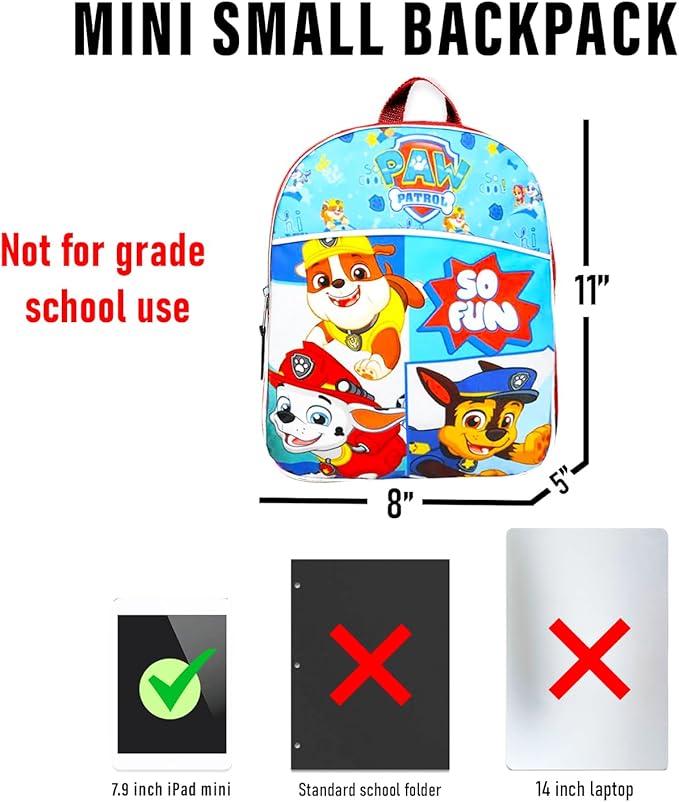 Paw Patrol Mini Backpack with Lunch Box for Kids, Boys ~ 5 Pc School Supplies Bundle with 11" Paw Patrol School Bag, Lunch Bag, Water Bottle, Stickers, and More