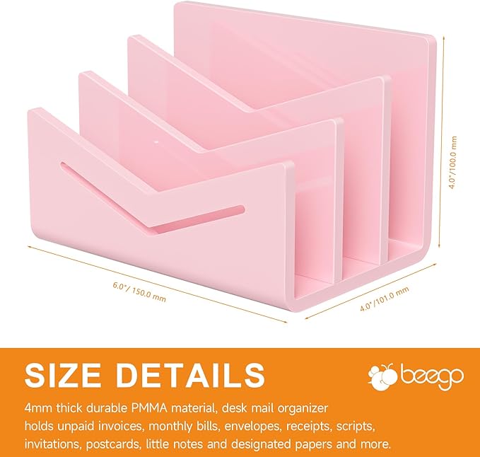 Beego Envelope and Mail Organizer Countertop - 3 Compartments Pink Acrylic Desk Organizer Letter Holder Desktop File Sorter Bill Document Folder Rack for Office, Home, School Desk Organization