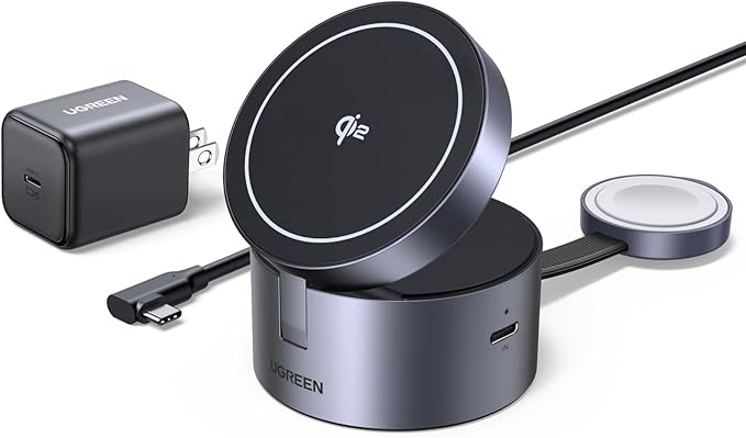 UGREEN Qi2 15W 3-in-1 Wireless Charger for iPhone 17/16/15/14/13/12 Series, Magnetic Foldable Charging Station for Apple Watch, AirPods, MagSafe Compatible Fast Charging Dock, Travel-Friendly Design