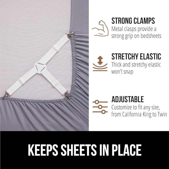 Gorilla Grip Headboard Gap Pillow and Bed Sheet Straps, Headboard Gap Pillow Size Queen, Dense Foam Wedge, Sheet Fasteners 4 Pack, Adjustable Elastic with Metal Clips, Both in White, 2 Item Bundle