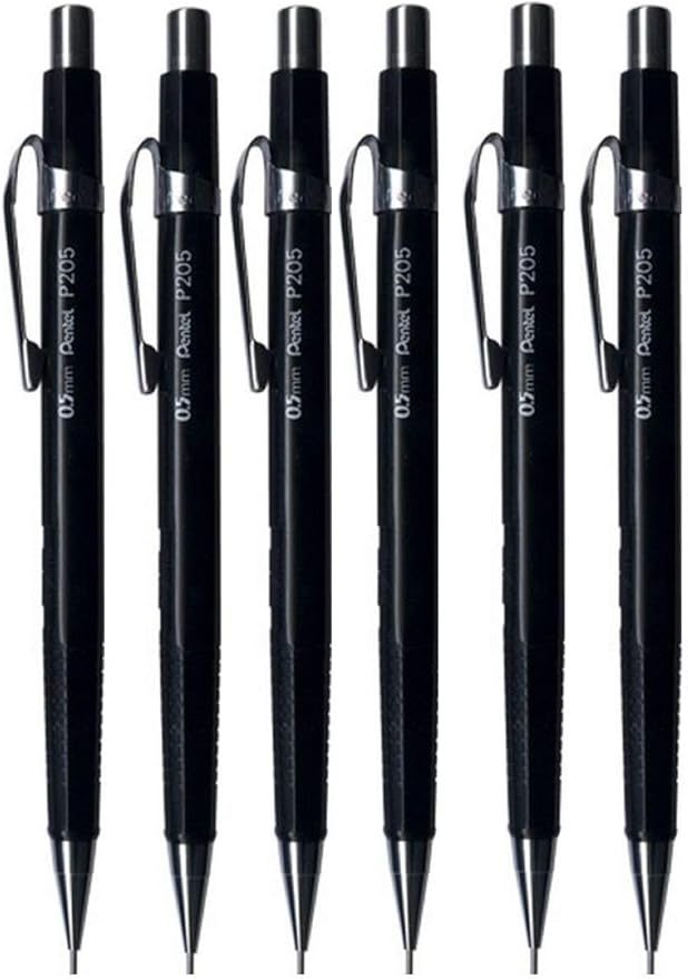 Pentel 0.5mm (P205) Black P200 Series Automatic Mechanical Draughting Pencil Refillable Lead Eraser P205-A (Pack Of 6)