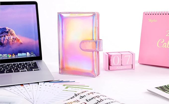 SKYDUE Budget Binder with Cash Envelopes, Purple, A6 Size, 6-Hole, 20-Page Capacity, 8 Dividers, Faux Leather
