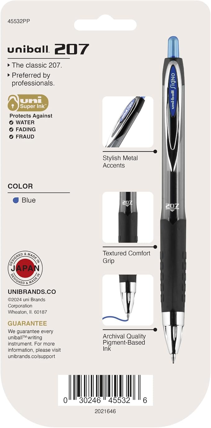 uni-ball® Signo Gel 207™ Retractable Gel Pens, Medium Point, 0.7 mm, Clear Barrel, Blue Ink, Pack Of 4
