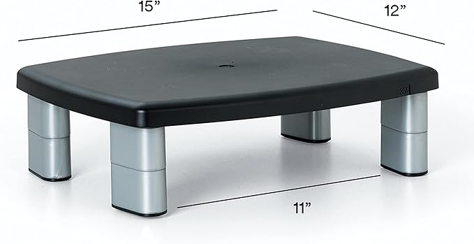 3M Adjustable Monitor Stand, Three Leg Segments Simply Adjust Height from 1" to 5 7/8", Sturdy Platform Holds Up to 80 lbs, 11-inch Space Between Columns for Storage, Silver/Black (MS80B)