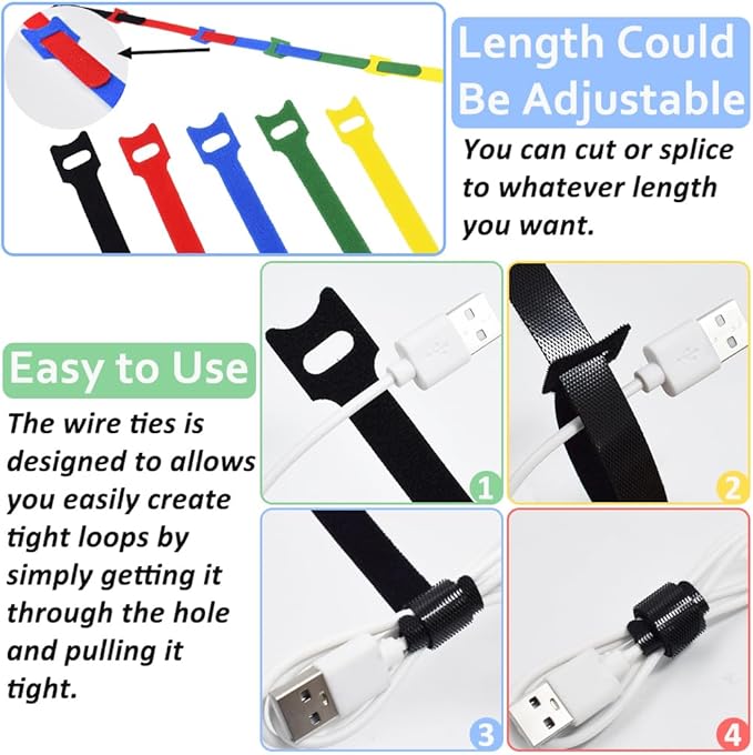 100pcs Cable Ties Reusable Rainbow Color Wire Ties Cable Management Cord Ties Reusable for Electronics Hook and Loop Cable Ties for Computer 6 Inch with 5 Colors
