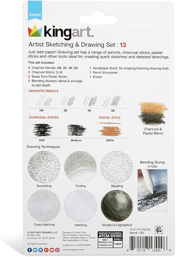 KINGART 13-Piece Sketching & Drawing Set – Complete Artist Kit with Graphite, Charcoal & Pastel Pencils, Blending Tools & Eraser in Portable Case – Art Supplies for Beginners & Professional Artists
