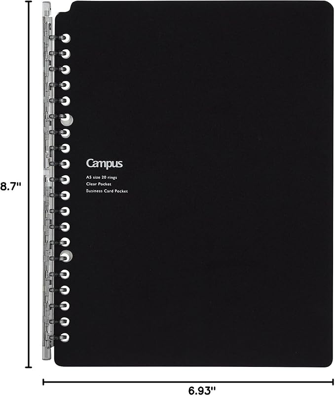 Kokuyo Campus Smart Ring Binder, A5 Black Refillable Binder Notebook 20 Holes with 10 Extra Loose-Leaf Paper, Up to 25 Filler Papers for Work & Study, Japan Import (RU-SP131D)