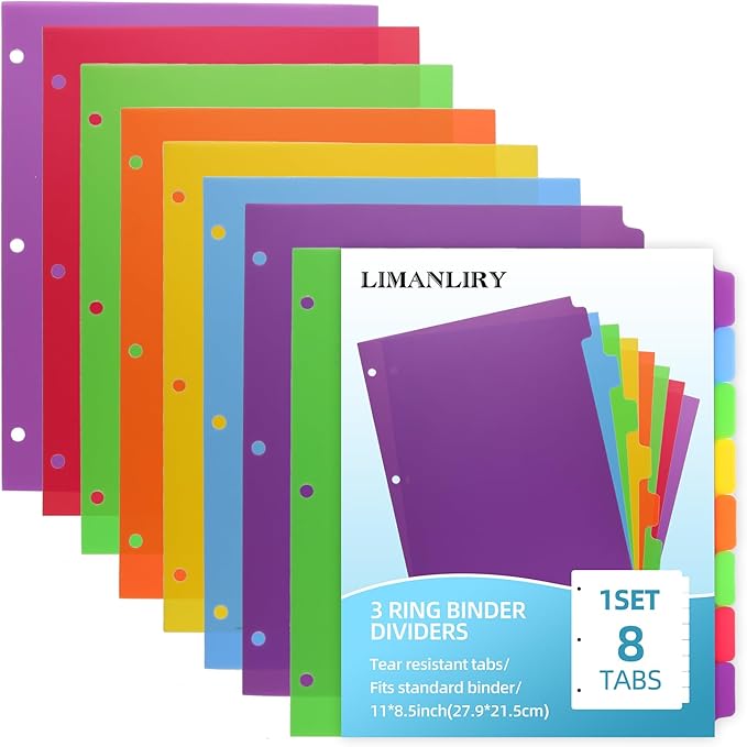 3 Set Plastic Binder Dividers with Tabs,Multicolor Index with 8-Tabs,Divider for 3 Ring Binder
