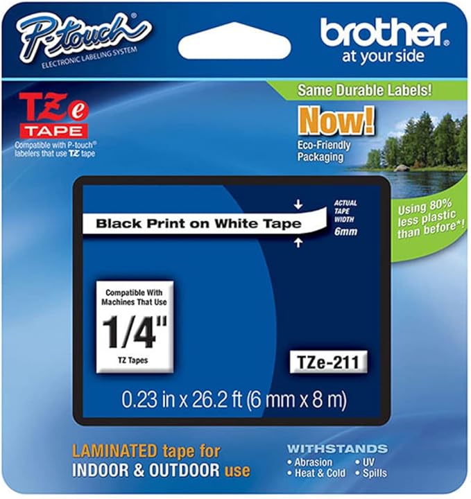 Brother Genuine P-Touch 4-Pack TZe-211 Laminated Tape, Black Print on White Standard Adhesive Laminated Tape for P-Touch Label Makers, Each Roll is 0.23"/6mm (Approx 1/4") Wide, 26.2 (8M) Long
