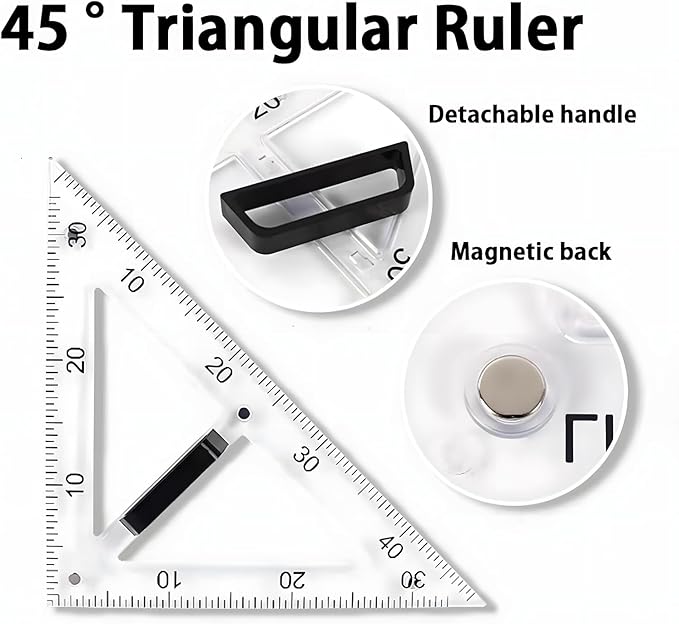 Magnetic Teaching Ruler Set with Multi-Functional Geometry Tools Durable ABS Plastic for Whiteboard Classroom Projects Student Teacher Math Supplies (Clear 2pcs)