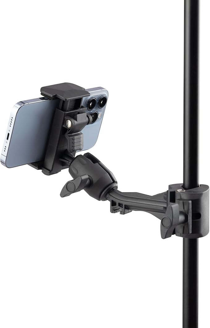 OnStage TCM1500 Tablet/Smartphone Holder (Setup for Tablets, Computers, E-Readers, Smartphones, and Phablets, Clamp Mount, Nonslip Padding, Adjustable Angle and Rotation, External Battery Holder)