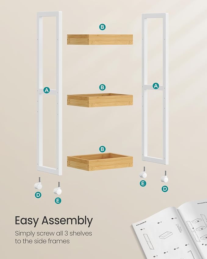 SONGMICS Bamboo Rolling Cart, 3-Tier Utility Cart on Wheels, Slim Narrow Storage Shelf, Bamboo Shelves, Space-Saving, Multifunctional, for Bathroom, Kitchen, White and Natural UBCB083N02
