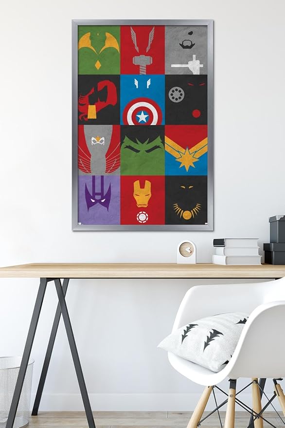 Trends International Marvel Comics - Avengers - Minimalist Grid Wall Poster, 22.375" x 34", Silver Framed Version