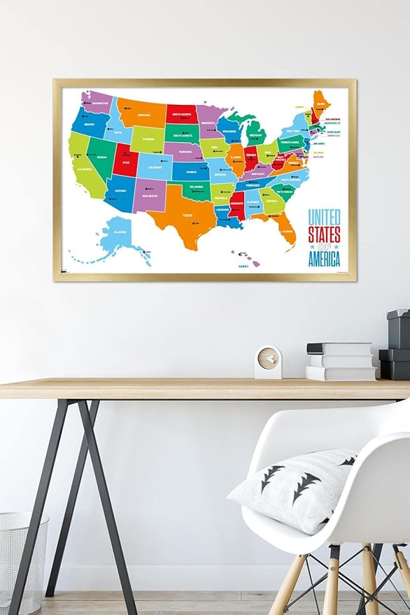 Trends International Map - United States Of America 2022 Wall Poster, 22.375" x 34", Gold Framed Version