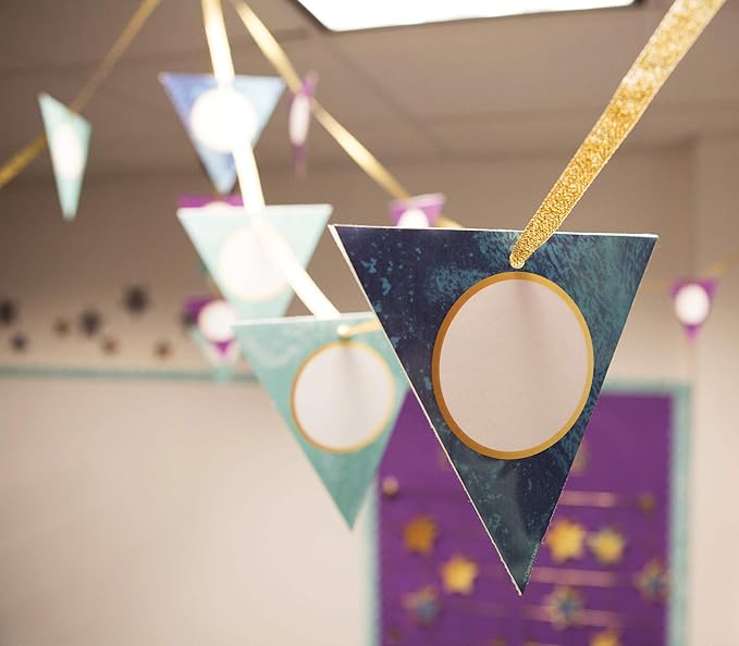 Carson Dellosa 36-Piece Galaxy Pennants, Science and Space Theme Cutouts, Marble and Gold Party Decorations, Name Tags, Bulletin Board, and Classroom Decor