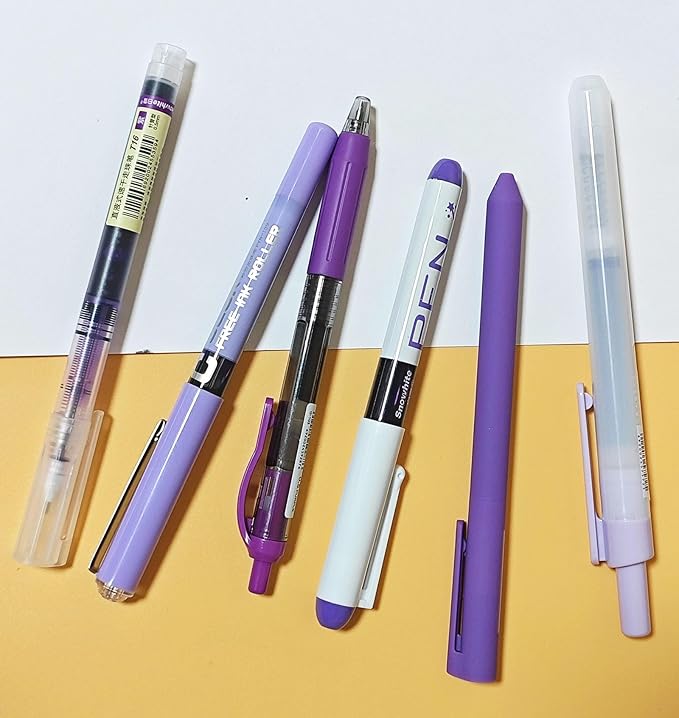 Purple and Black Ink Gel Pens with Bible Journaling Highlighter, Fine Point 0.5mm Cute Colorful Gel Pens No Bleed for Office School, Note Taking, 5 Purple, 1 Black