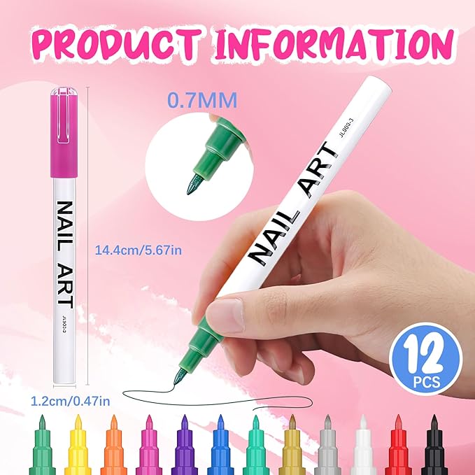 12 Color Nail Art Pens for Painting Nails, 0.7 MM Nail Polish Pens Drawing Point Liner Acrylic Painted Pen Kit, Waterproof Quick-drying for DIY Nails Art Design Manicure Tools